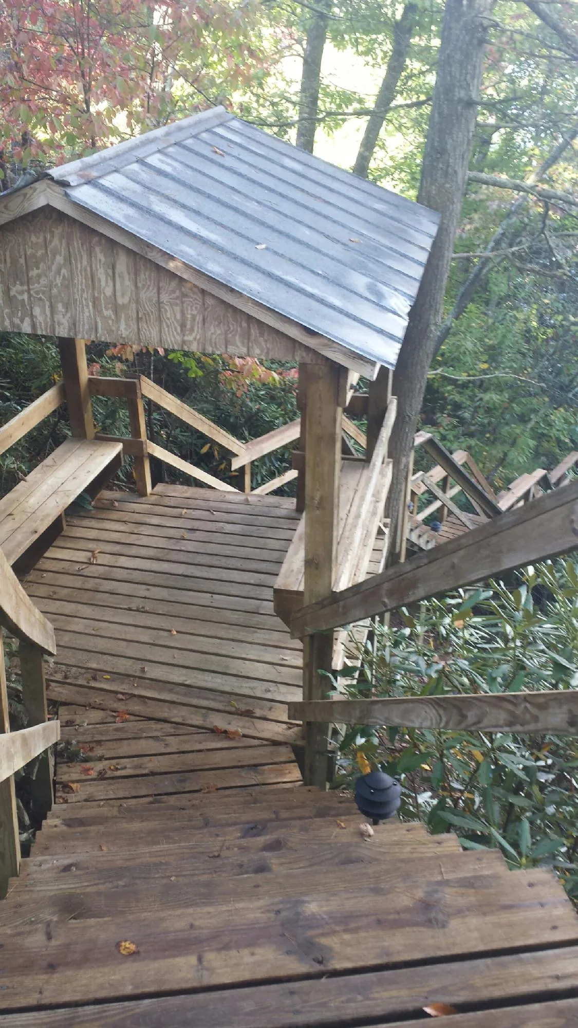 Metal roofed shelter over wooden steps on a wooded walkway — Skylight Repair & Installation work by our crew in Mapleton